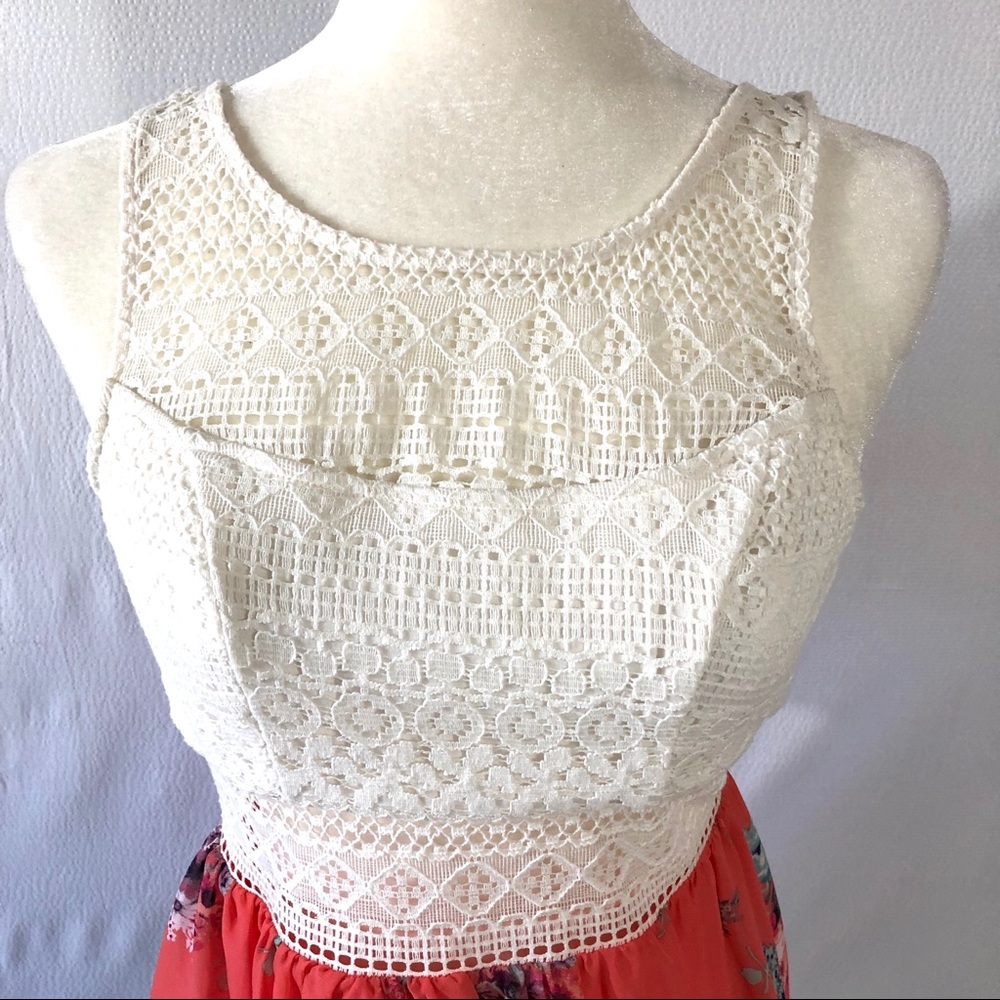 Trixxi Coral Print MiniDress With Crocheted Bodice - Picture 2 of 8